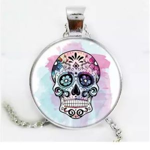 Watercolor Sugar Skull Silver and Glass Necklace